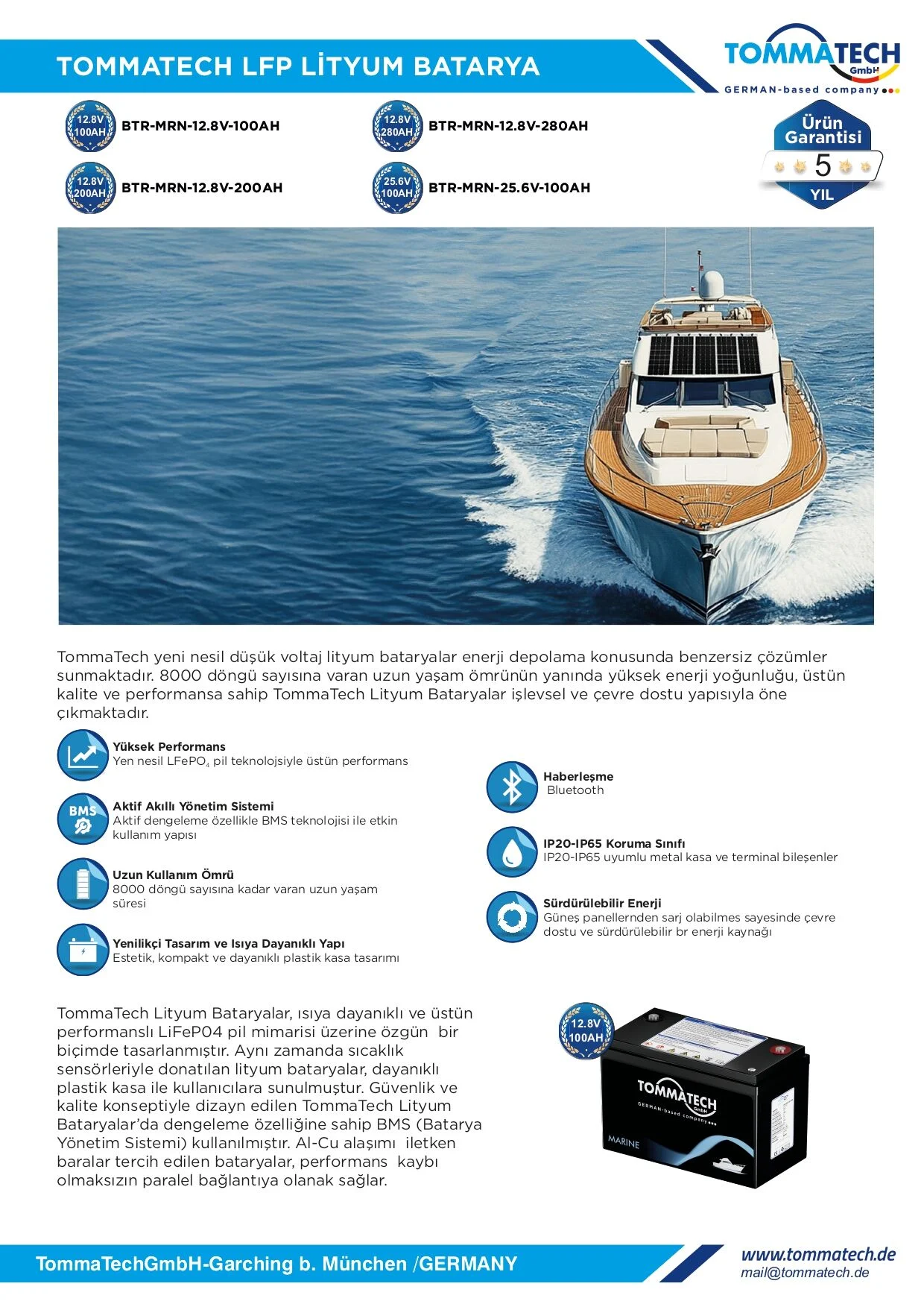 TommaTech 12.8 V 100 AH Marin Bluetooth Lityum Batarya 8000 Cycle - Görsel 2